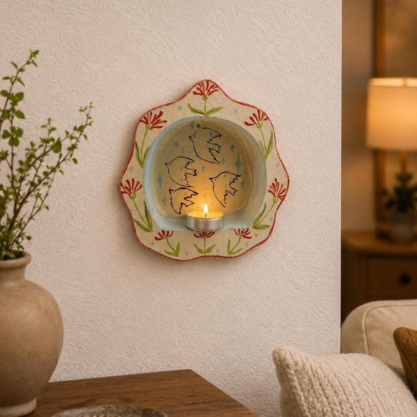 Handmade Ceramic Wall Candle holder, Folk Art Housewarming Gift , wall decor