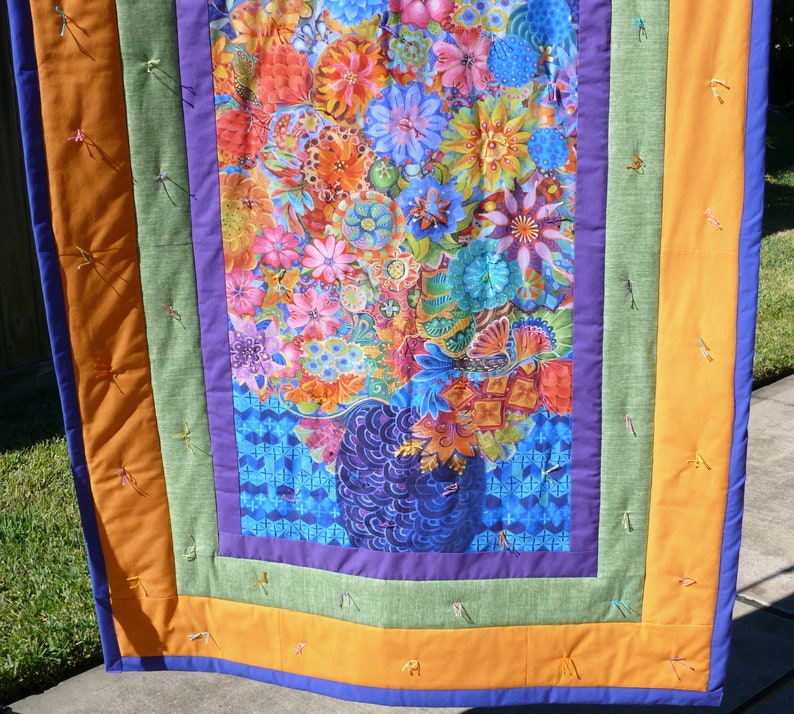 Flora Fantasy Bouquet in a Vase with Blue,Handmade Lap quilt using Artisan Spirit digitally printed fabric panel