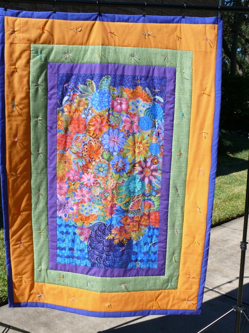 Flora Fantasy Bouquet in a Vase with Blue,Handmade Lap quilt using Artisan Spirit digitally printed fabric panel