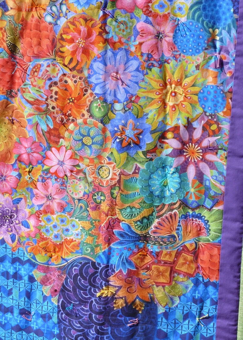 Flora Fantasy Bouquet in a Vase with Blue,Handmade Lap quilt using Artisan Spirit digitally printed fabric panel