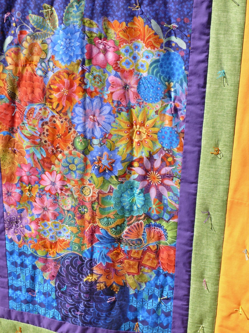 Flora Fantasy Bouquet in a Vase with Blue,Handmade Lap quilt using Artisan Spirit digitally printed fabric panel