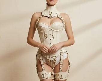 Gorset z prawdziwej skóry typu overbust: stalowy fiszbin, sznurowany z przodu – gorset w kolorze kości słoniowej