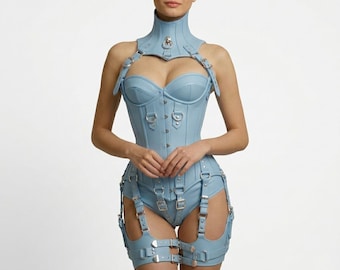 Real Leather Overbust Corset | Steel Boned, Blue Trim | Festival Outfit