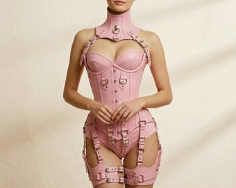 Conjunto de corsé de cuero rosa sobre el busto, conjunto de bustier gótico, lencería con tirantes, ropa para festivales y fiestas rave.