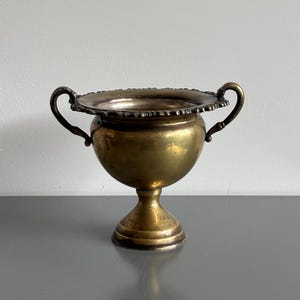 Può includere: Una coppa trofeo vintage in ottone con due manici curvi e un bordo decorativo. La coppa ha una base rotonda e una ciotola larga, con una finitura lucida. Il trofeo viene probabilmente utilizzato per l'esposizione o come oggetto decorativo.