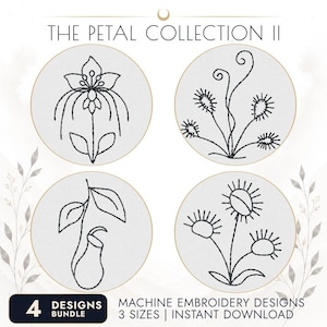 Puede incluir: Una colección digital titulada THE PETAL COLLECTION II que presenta cuatro diseños circulares de bordado a máquina de varias plantas botánicas en arte lineal negro. El texto incluye 4 DESIGNS BUNDLE y MACHINE EMBROIDERY DESIGNS 3 SIZES INSTANT DOWNLOAD.
