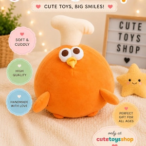 May include: An orange plush toy shaped like a chef with a white hat, brown eyes, and a yellow beak. The image includes a yellow star-shaped plush toy and text that reads "Cute Toys, Big Smiles!" and "Cute Toys Shop."