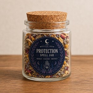 May include: A clear glass jar with a cork stopper filled with a mixture of dried herbs and flowers. A circular dark blue label on the front features a crescent moon, a hand with an eye, and the text: THE MYSTICAL NOOK PROTECTION SPELL JAR.