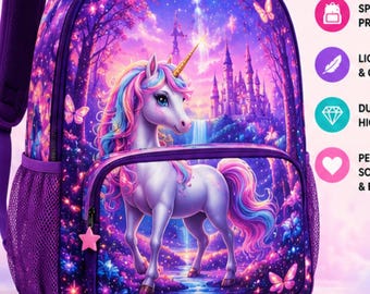 Unicorn Backpack for Girls, Purple Fantasy School Backpack, Magical Unicorn Book Bag, Kids Back to School Gift