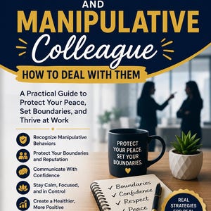 Könnte beinhalten: Ein Buchcover mit dem Titel VERY DIFFICULT AND MANIPULATIVE COLLEAGUE HOW TO DEAL WITH THEM von Elsie Ngwainbi. Das Cover zeigt eine schwarze Tasse mit Text, ein Spiralnotizbuch mit Stift und eine kleine Sukkulente auf einer Holzoberfläche.
