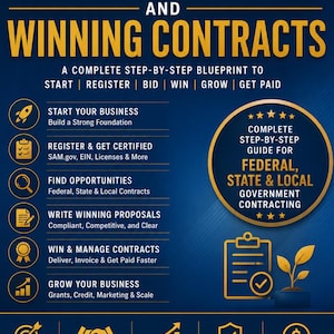 Puede incluir: Un póster informativo azul y dorado titulado The Ultimate Guide to Business Startup and Winning Contracts de Elsie Ngwainbi. Incluye una lista de pasos para contratos gubernamentales, con iconos para el crecimiento empresarial, registro y propuestas.
