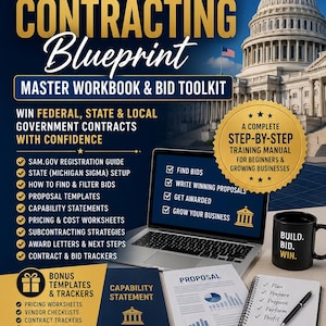 Può includere: Immagine promozionale per una guida agli appalti pubblici. L'immagine presenta un laptop, documenti e una tazza con la scritta "Build. Bid. Win." Il testo include "Government Contracting Blueprint".