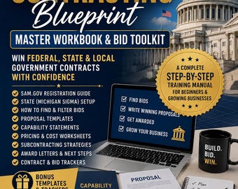 May include: A promotional image for a government contracting guide. The image features a laptop, documents, and a mug that says "Build. Bid. Win." Text includes "Government Contracting Blueprint" and "Master Workbook & Bid Toolkit."