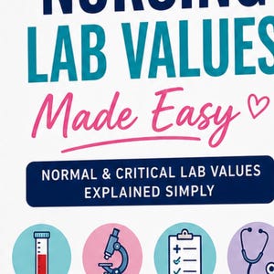 May include: A white educational poster titled Nursing Lab Values Made Easy with dark blue and pink text. It features icons of a test tube, microscope, clipboard, and stethoscope, with labels for lab values, causes, interventions, and clinical applications.