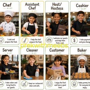 May include: A set of eight educational cards featuring children in various restaurant roles including Chef, Assistant Chef, Host, Cashier, Server, Cleaner, Customer, and Baker. Each card displays a photo, a job title, and a descriptive sentence.