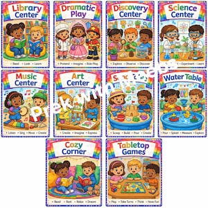 Classroom Center Signs: Library, Dramatic Play, Science, Music, Art, Water Table, Cozy Corner, Tabletop
