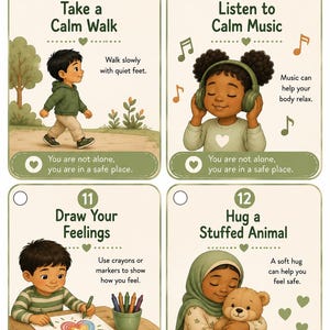 May include: A page of four educational cards labeled 9 through 12. Card 9 shows a child walking. Card 10 shows a child with headphones. Card 11 shows a child drawing a heart. Card 12 shows a child hugging a teddy bear. Each card includes text instructions and the phrase You are not alone, you are in a safe place.