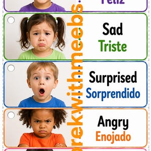 May include: Educational flashcards displaying children's faces expressing different emotions: happy, sad, surprised, angry, and shy. Each emotion is labeled in English and Spanish. The cards are color-coded with a white background.