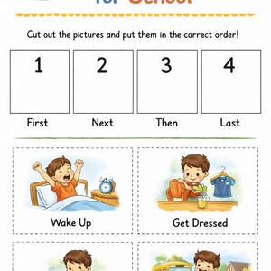 Puede incluir: Hoja de trabajo educativa titulada "Getting Ready for School" con ilustraciones de la rutina matutina de un niño. Incluye un gráfico de autobús escolar amarillo y indicaciones para ordenar imágenes en el orden correcto: Wake Up, Get Dressed, Eat Breakfast y Go to School.