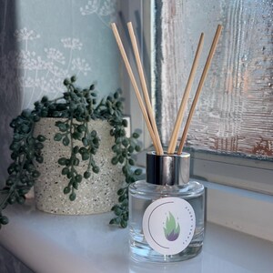 May include: A clear glass aromatherapy diffuser bottle with a silver cap and wooden reeds. The bottle has a white label with a green and purple flame design. A small potted plant sits to the left of the diffuser.