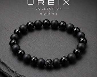 Men's bracelet with black onyx and 8mm lava stones, natural stone bracelet