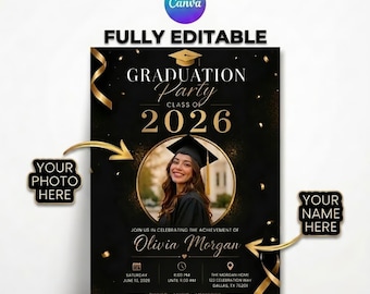 Graduation Flyer 2026 Gold Black Invitation Template, Canva Editable High School College Graduation Party Invite, DIY Instant Download