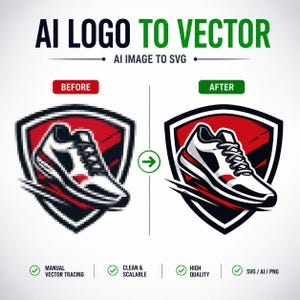May include: A comparison graphic titled AI LOGO TO VECTOR showing a pixelated sneaker logo on the left labelled BEFORE and a clean, sharp vector version on the right labelled AFTER. The logo features a white sneaker inside a red and black shield.