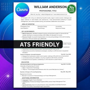 May include: A professional resume template for William Anderson, a UX Designer. The document includes sections for area of expertise, key achievements, professional experience, education, and additional information, with a prominent ATS FRIENDLY label.