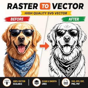 Könnte beinhalten: Bild zeigt eine Raster-zu-Vektor-Konvertierung. Ein Golden Retriever mit Sonnenbrille und Bandana wird in eine Schwarz-Weiß-Vektorillustration umgewandelt. Text: "RASTER TO VECTOR" und "HIGH QUALITY SVG VECTOR". Merkmale werden hervorgehoben.