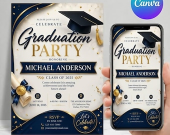 Graduation Party Invitation, 2026 blue Graduation Invitation canva template, high school and college Graduation ,DIY text, Canva Editable
