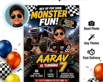 Monster Truck Birthday Invitation, Custom Photo Invite, Racing Theme Kids Party, Personalized Digital Invitation, Made to Order.