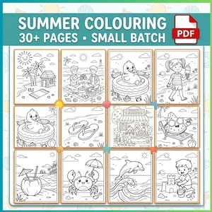 Op de afbeelding: Een digitale PDF kleurboek getiteld "Summer Colouring" met 30+ pagina's. De cover toont een raster van zomerse illustraties, waaronder strandscènes, een eend in een zwembad en een kind met ijs. Het PDF-pictogram staat in de rechterbovenhoek.