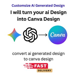 Peut inclure: Un graphique numérique avec le texte Customsize Ai Generated Design, I will turn your ai Design into Canva Design, et convert ai generated design to canva design. Il comprend une étoile colorée à quatre branches, le logo OpenAI et le logo Canva.