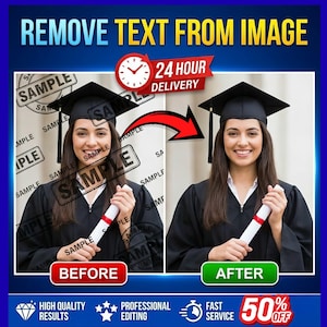 May include: A digital service advertisement showing a before and after comparison of a graduate wearing a black cap and gown holding a diploma. The left side features a watermark with the text SAMPLE, while the right side shows the clean image.