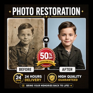 Fotorestauratieservice, oude foto's herstellen, wazige en beschadigde afbeeldingen herstellen, kwaliteit verbeteren, foto's inkleuren, digitale reparatie, fotobewerking