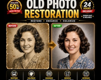 Old Photo Restoration Service | Repair Damaged Torn Faded Photos | Memorial Gift | Colorize B&W Vintage Picture | Fast 24hr Digital Download