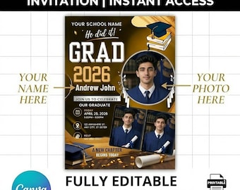 Graduation flyer invitation template 2026,Canva Editable template,High school,College & Kindergarten Graduation party invite,DIY Text.
