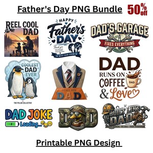 Könnte beinhalten: Eine digitale Sammlung von Grafikdesigns zum Vatertag mit verschiedenen Illustrationen und Texten wie Reel Cool Dad, Dad's Garage, Coolest Dad Ever, Dad Runs on Coffee & Love, Dad Joke Loading und Built Like Dad, präsentiert als PNG-Paket.