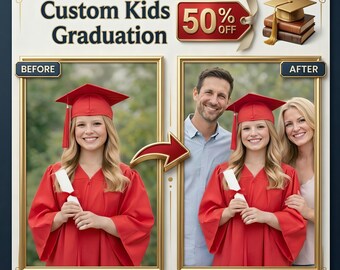 Retrato de graduación infantil personalizado con padres, añadir persona a la foto, editar toga y birrete, promoción de 2026, regalo personalizado para jardín de infancia y preescolar.