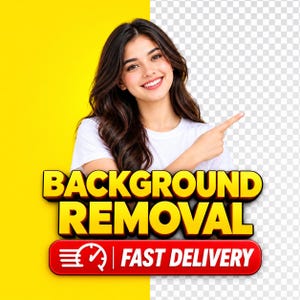Puede incluir: Una persona con cabello largo y oscuro que viste una camiseta blanca, señalando hacia la derecha. Debajo hay un gráfico de texto en 3D amarillo y naranja que dice BACKGROUND REMOVAL, seguido de un botón rojo con el texto FAST DELIVERY y un icono.