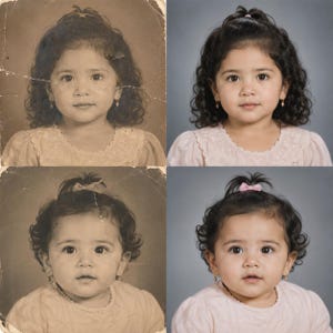 Pu&ograve; includere: Un confronto a schermo diviso mostra due serie di foto prima e dopo di un bambino piccolo con capelli scuri e ricci. Il lato sinistro mostra stampe antiche, color seppia e danneggiate con crepe visibili, mentre il lato destro mostra immagini restaurate.