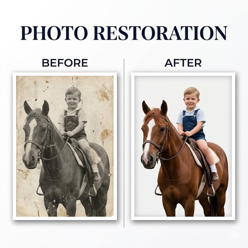 Pu&ograve; includere: Un confronto fianco a fianco intitolato PHOTO RESTORATION con BEFORE e AFTER. A sinistra una fotografia vintage danneggiata color seppia di un bambino su un cavallo. A destra una versione restaurata a colori, con un'immagine nitida e luminosa.