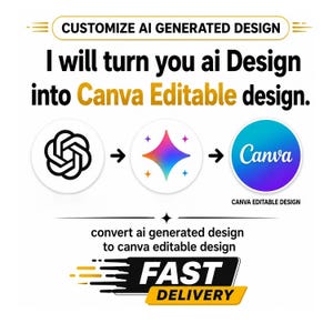 Può includere: Un grafico digitale con il testo CUSTOMIZE AI GENERATED DESIGN e I will turn you ai Design into Canva Editable design. Mostra icone per ChatGPT, una stella e Canva, con il testo convert ai generated design to canva editable design e FAST DELIVERY.
