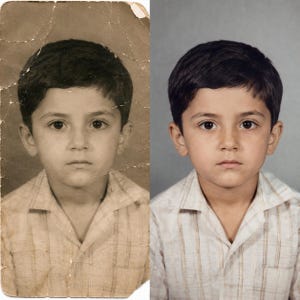 Pu&ograve; includere: Un confronto a schermo diviso mostra a sinistra una fotografia vintage danneggiata color seppia e a destra una versione restaurata con colori corretti, entrambe raffiguranti un bambino dai capelli scuri con una camicia a colletto a quadri chiari.