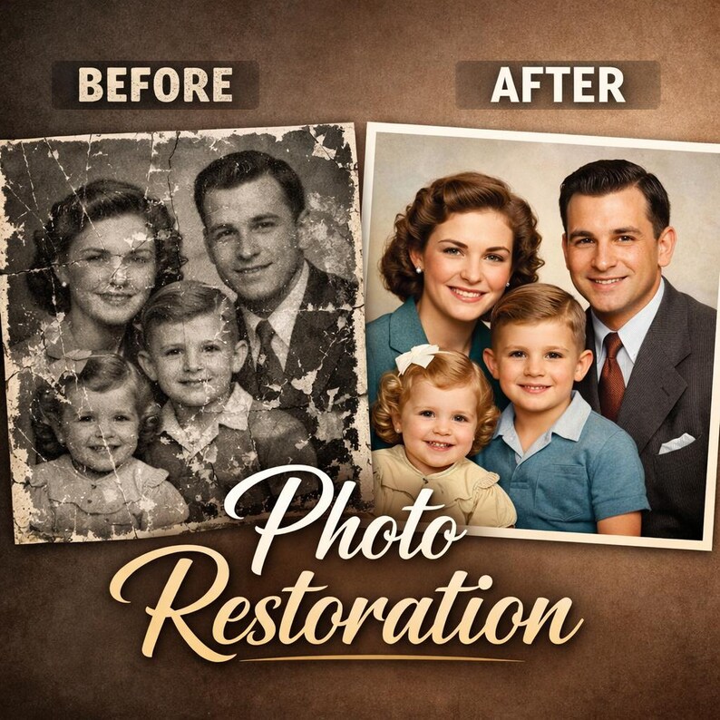 May include: A side-by-side comparison showing a damaged black and white family portrait labeled BEFORE and a restored color version labeled AFTER. The image displays a family of four, including two adults and two children, with the text Photo Restoration.
