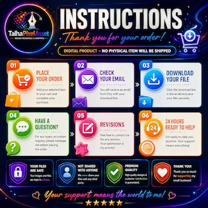 Pu&ograve; includere: Un grafico di istruzioni digitali per un ordine Etsy con sfondo scuro e accenti al neon. Illustra sei passaggi: effettuare l'ordine, controllare l'email, scaricare il file, fare domande, revisioni e assistenza disponibile 24 ore su 24.