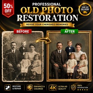 May include: A professional photo restoration service advertisement featuring a side-by-side comparison of a damaged, sepia-toned family portrait and a restored, colorized version. The text reads Professional Old Photo Restoration, 50% Off, and 4K.