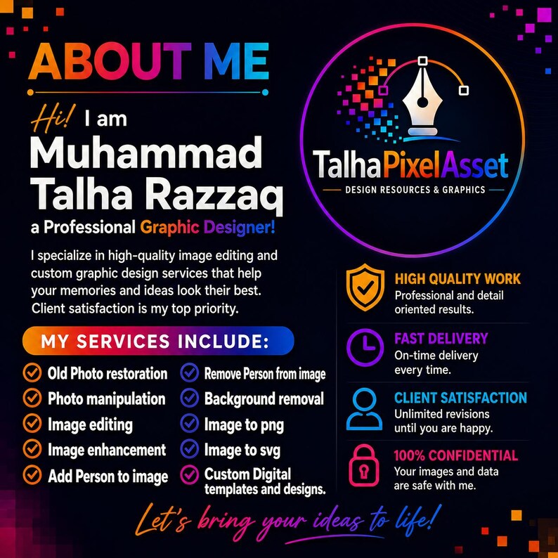 May include: A black graphic design services flyer featuring the text ABOUT ME, Muhammad Talha Razzaq, and TalhaPixelAsset. It lists services including photo restoration, manipulation, editing, enhancement, and background removal with icons.