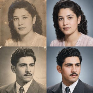 Pu&ograve; includere: Un'immagine composita che mostra due serie di ritratti prima e dopo. Il lato sinistro mostra due vecchie fotografie color seppia di una persona con capelli scuri ondulati e una persona con i baffi. Il lato destro mostra gli stessi ritratti restaurati.