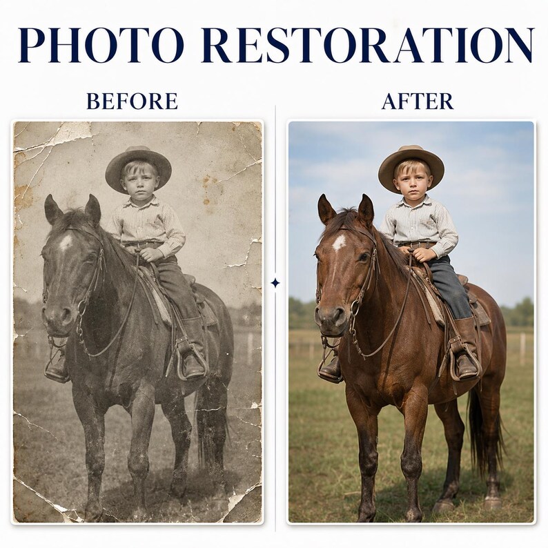 Pu&ograve; includere: Un servizio di restauro fotografico mostra un confronto prima e dopo. A sinistra, una fotografia vintage danneggiata color seppia ritrae un bambino con un cappello a cavallo di un cavallo marrone. A destra, la stessa immagine &egrave; restaurata.